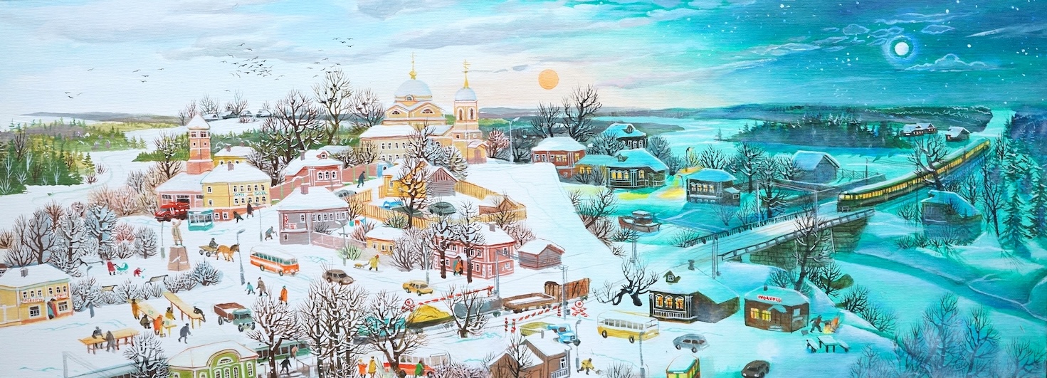 Dina Eltseva (Russian, b. 1965), oil on canvas, Winter scene by sun and moonlight, inscribed in cyrillic verso, 29 x 79cm